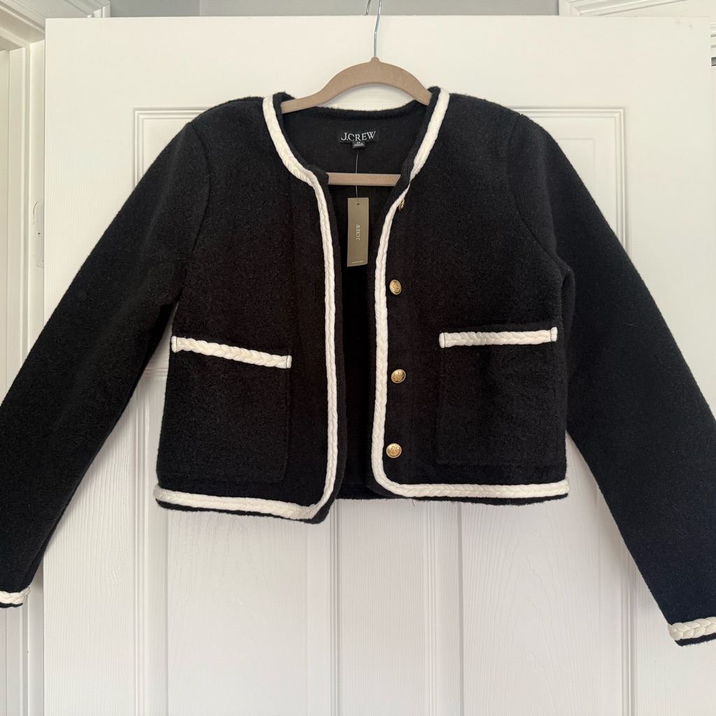 J. Crew Black Cropped Tweed Jacket With White Braid Trim
